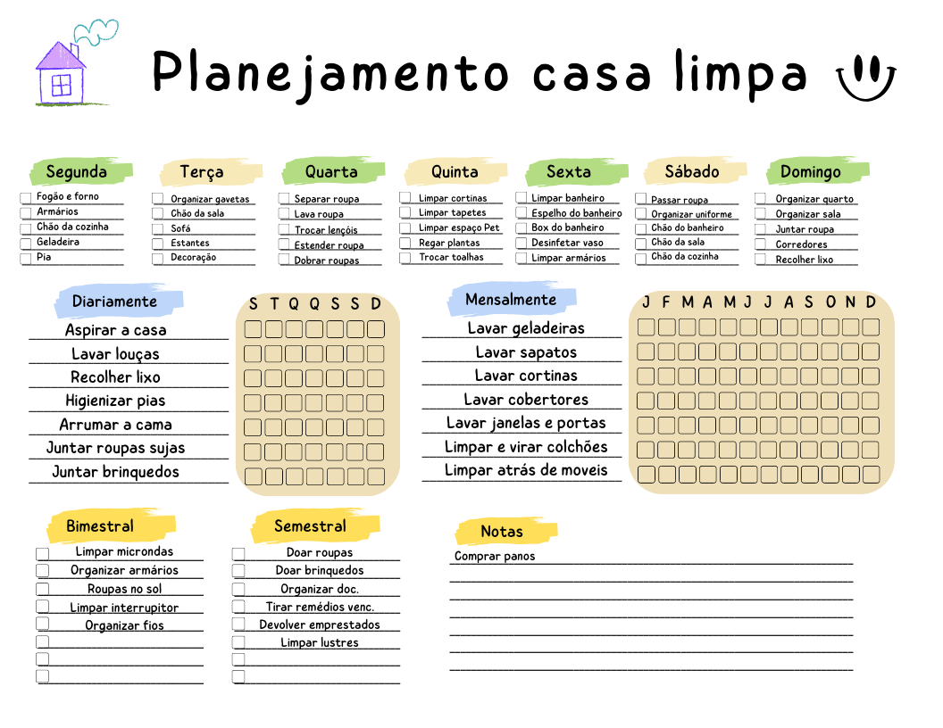 Planejamento casa limpa - Template completo com cronograma semanal, tarefas diárias, mensais e notas